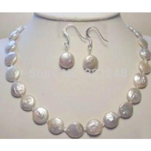 Genuine 2014 new free shipping12mm Cultured Coin Pearl Necklace Earring BV461
