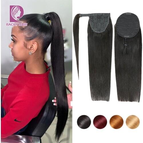 Racily Hair Straight Drawstring Ponytail Human Hair Brazilian Clip In Hair Extensions Remy Ombre Wrap Around Ponytail 4 Colors