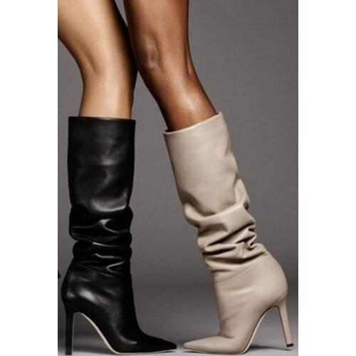 Knee High Wide Fit Boots High Heel Stilettos Boots for Women Slip-on Leather Long High Heel Boots Formal Dress Heels Shoes