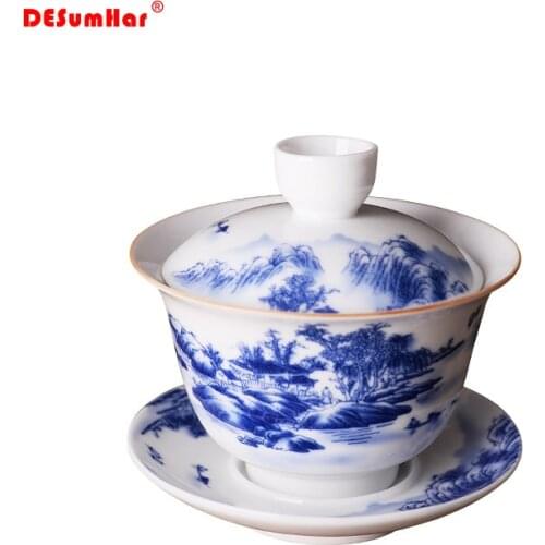 Blue and white porcelain Tea Tureen cup,Chinese style cover bowl tea set gaiwan tea pot set travel Beautiful kettle 180ml