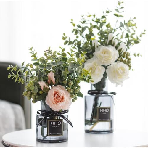 Nordic Glass Vase+Artificial Flower Set Decor Home Flower Bouquet Figurines Crafts Livingroom Furnishing Decoration Wedding Gift