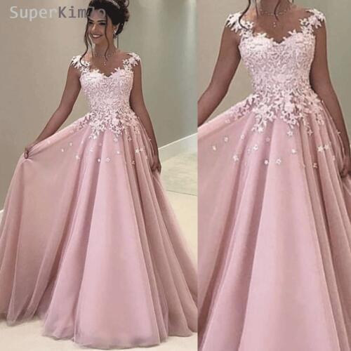 SuperKimJo Lace Applique Prom Dresses 2020 Pink Tulle Cap Sleeve A Line Prom Gown for Women Vestido De Festa Longo