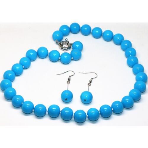 Bohemia style luxury sky blue baking paint glass round 12mm elegant beads chain necklace earrings jewelry set 18inch B2319