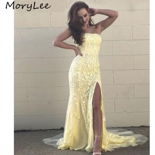 Evening Dresses Strapless Sleeveless Side Slit Mermaid Lace Applique Soft Tulle Evening Dresses vestidos de fiesta de noche