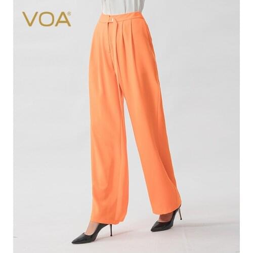 VOA orange red 36 mm heavy weight Yuke pleated ribbon design simple micro elastic silk wide leg pants women
