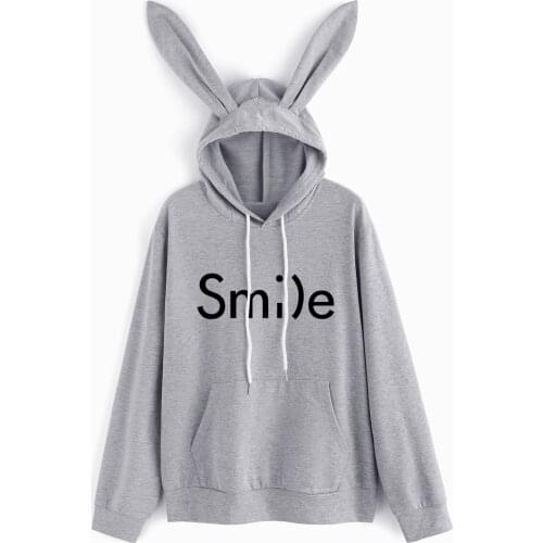 2021 Spring Autumn Women Hoodies Kawaii Rabbit Ears Fashion Kangaroo Pocket Hoody Casual Gray Sweatshirt Hoodies for Women