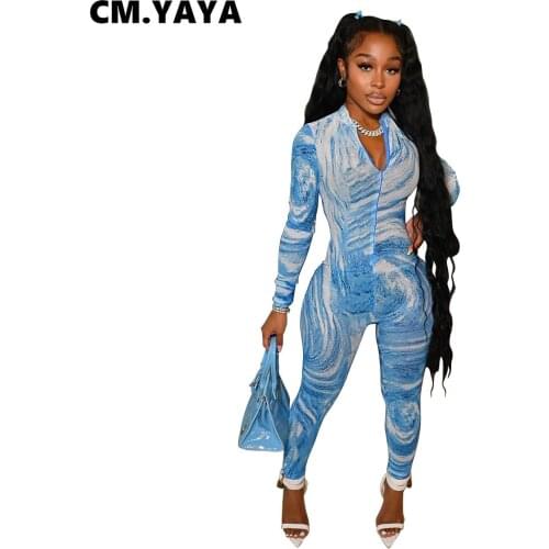 CM.YAYA Women Jumpsuit Print Full Sleeve Zipper Stretchy Bodycon Skinny Pencil Ankle Length Jumpsuits Fashion Outfit Autumn 2021