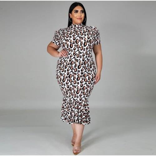 2021 Summer Women Dress Plus Size 5XL Stand Collar Short Sleeve Leopard Print Casual Dress Slim Bodycon Ladies Office Dresses