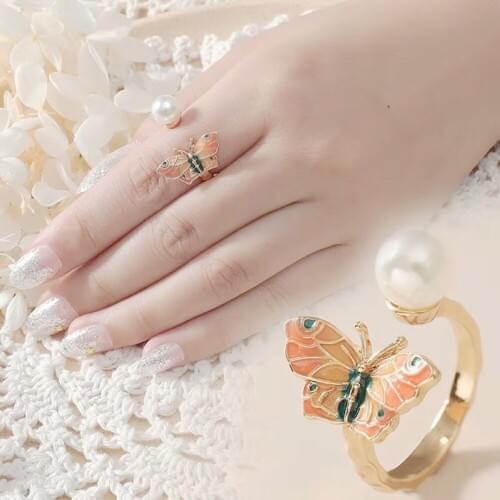 Women Colorful Enamel Butterfly Adjustable opening Ring Resizeable Engagement Pearl Finger Luxurious Jewelry Dropshipping