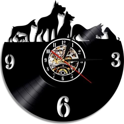 Pet Shop Dogs Vinyl Record Wall Clock Puppy Pet Pug Animal Silent Watch Home Decor Hanging Watches Modern Design Dog Lover Gift