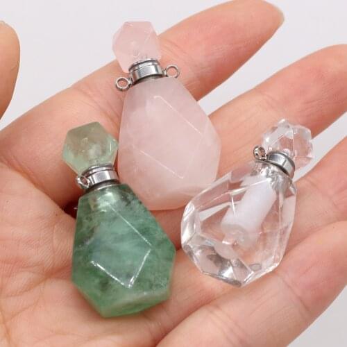 1pcs Natural Stone Clear Quartzs Green Aventurine Perfume Bottle Pendants Essential Oil Diffuser Necklace Women Size 20x35mm