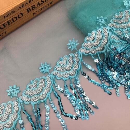 1 yard 9cm Blue Sequined Lace Ribbon Shiny Trims Fabric Embroidered Wedding Dress Headdress DIY Accessories Sewing Craft Garment
