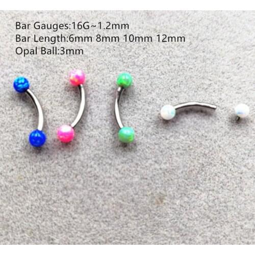 10pcs Surgical Steel Opal Stone Eyebrow Bar Body Piercing earring Ear Helix Diath Tragus ring 16GX6/8/10/12MM