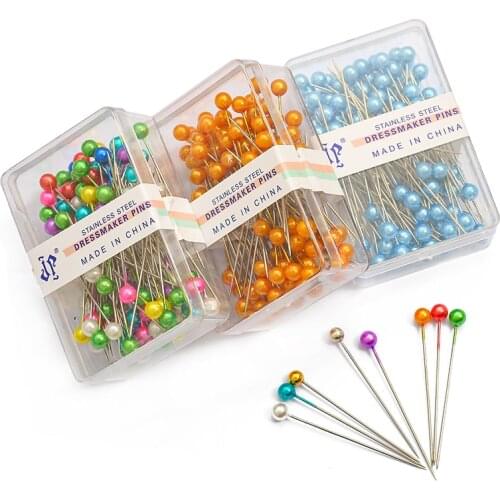 100pcs Colorful Round Pearl Head Dressmaking Pins Needles Stitch DIY Craft Wedding Corsage Sewing Positioning Box Sewing Tools