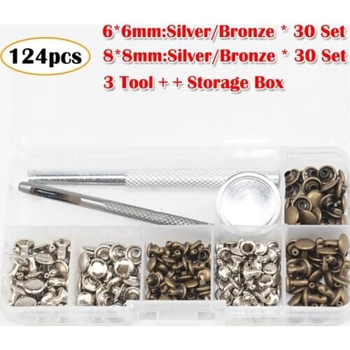 124pcs DIY Leather Craft Accessoires 120pcs 6mm/8mm Leather Double-Sided Rivet Button Snap Fasteners +3 FixingTool + Storage Box