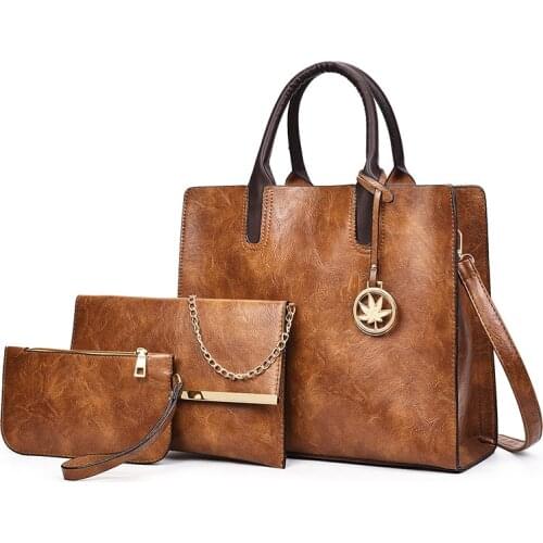 3pcs/Set Large Capacity Crossbody Bags for Women Vintage Leather Shoulder Bag Hand Bag & Small Purse Kit