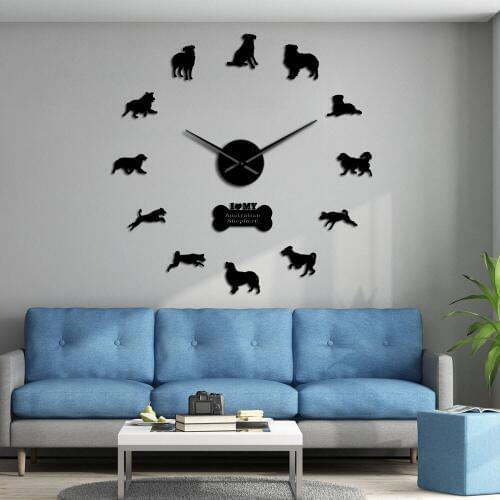 3D Aussie Australian Shepherd Dog Acrylic Mirror Stickers Decor Mute Frameless DIY Big Wall Clock Puppy Large Silent Wall Watch
