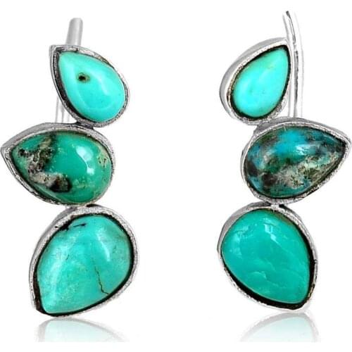 Bohemian Single Row Three Teardrop Natural Stone Stud Earring Tribal Ethnic Silver Color Reptile Turquoises Ear Studs