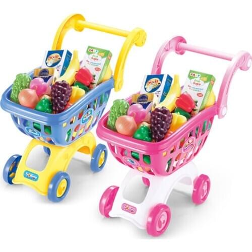 Kids Pretend Play Shopping Cart Supermarket Shopping Groceries Cart Trolley Toys Simulation Cutting Fruits Vegetables Toys Girls