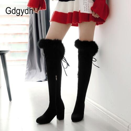 Gdgydh 2021 New Winter Boots Women Real Fur Large Size Snow Boots Ladies Black Square Heels Woman Shoes Over the Knee Boots