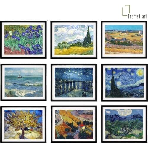 Framed art on Van Gogh landscape Seascape starry night Iris Oliver trees picture frame with mat board