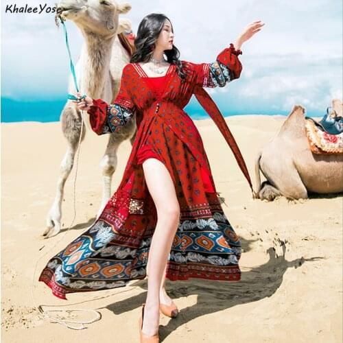 Khalee Yose Red Floral Boho Maxi Dress Spring Ethnic Holiday Women Dresses Long Sleeve Hippie Ladies Hollow Out Chic Long Dress