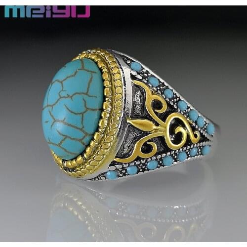 Vintage Antique Two Color Large Oval Turquoise Ring Turkish Craftsmen Carve Flower Finger Rings for Men Women Fashion Jewelry