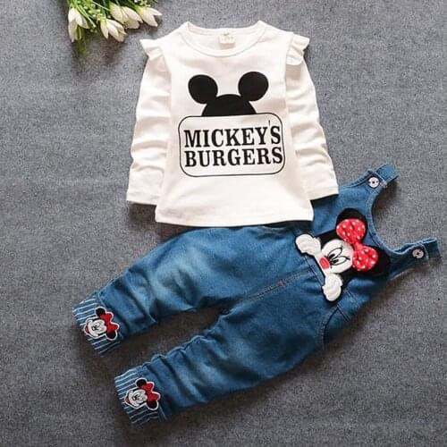 Mickey Minne Cute Girls Clothes Set Cotton Top +Denim Pants Overalls 2PCS Suit Children Suspender Autumn Tracksuits Clothes
