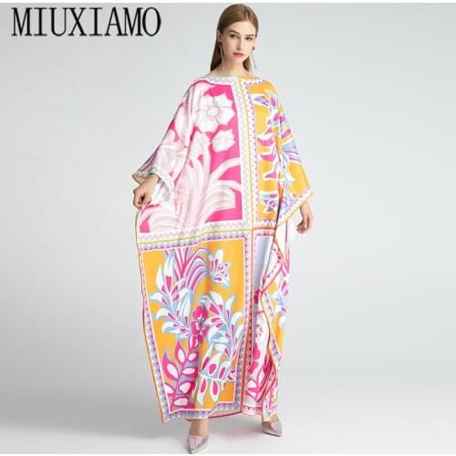 MIUXIMAO 2020 Bohemian Plus Size Dress O-neck Batwing Sleeve Maxi Dress Women Flower Print Floor Length New Fashion Kaftan Dress
