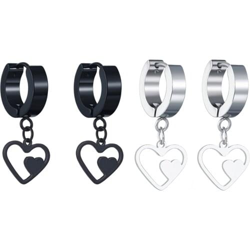 Fashion Korean Black Silvery Love Heart Drop Earrings for Women Girls Rock Roll Stud Earring Anniversary Jewelry Gift Wholesale