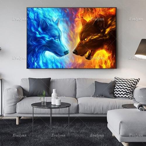 Fire and Ice Wall Art Canvas Painting Prints Poster Two wolves Modular Pictures For Bedroom Living Room Decor Floating Frame