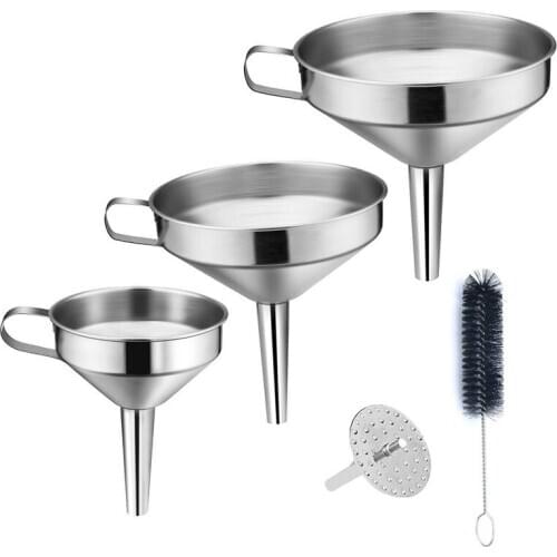 Stainless Steel 5 Piece Kitchen Strainer Funnel Set, Stainless Steel Funnel Filter Set with Handle & Detachable Strainer for Tra