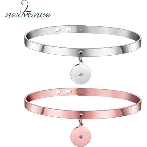 Nextvance Stainless Steel Adjustable Women Bangles Cubic Zirconia Round Pendant Simple Charms Jewelry Birthday Gifts