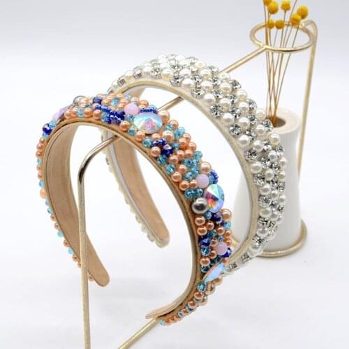 2021 New Women Girls Baroque Pearl Glass Beads Rhinestone Hairband Luxury Headband Adult Hair Accessories