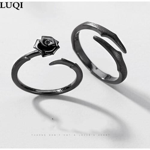 Fashion Mens and Womens S925 Silver Personality Thorns Black Rose Couple Open Rings 117