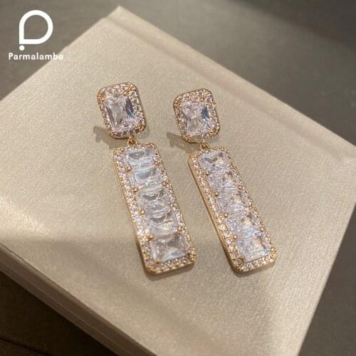 Luxury Micro-Inlaid CZ Gold And Silver Square Geometric Long Pendant Earrings Women Bride Wedding Engagement Earrings Jewelry