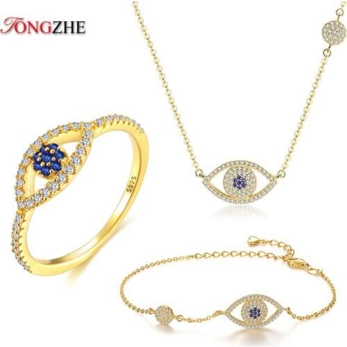 TONGZHE Good Luck Blue Evil Eye Charm Luxury Women Jewelry Set Rings /Necklace Bracelet Nigerian Wedding Jewelry Set costume