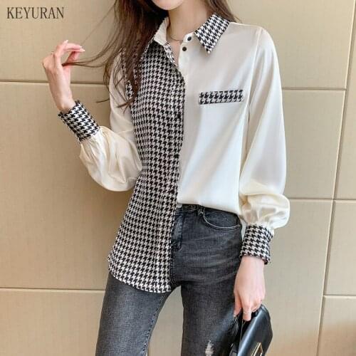 Houndstooth Satin Blouse Women Office Lady Spliced Tops Patchwork Korean Fashion Clothing Shirt Long Sleeve 2021 Beige Plus size