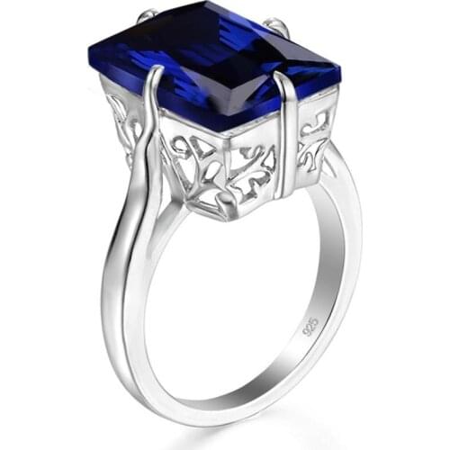 Sterling Silver Rings For Women Classic Elegance Gemstone Ring Rectangle Prong Setting Sapphire Gothic Jewelry Christmas Gifts