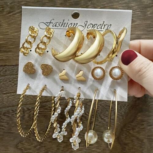 VKME Trendy Big Pearl Drop Earrings Set For Women Fashion Gold Geometric Circle Chain Earrings 2021 NEW Set of Earrings Jewelry