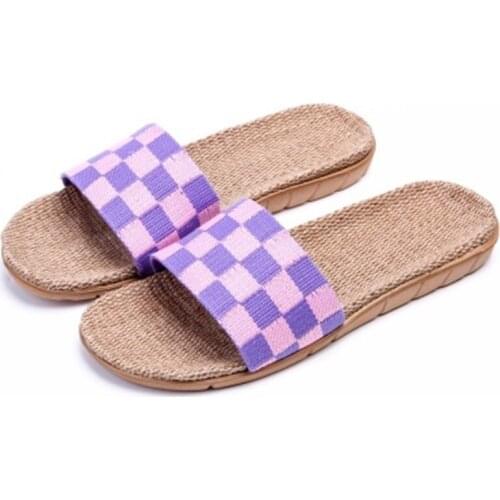 Men Women Slippers Summer Flip Flop Shoes Couple Hemp Checkered Fashion Non-Slip Flat Indoor Casual House Slides