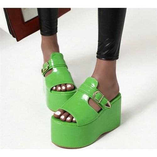 PXELENA NEW Gothic Wedge High Heels Platform Slides Women Peep Toe Buckle Patent Leather Punk Rock Summer Slippers Lady Creepers