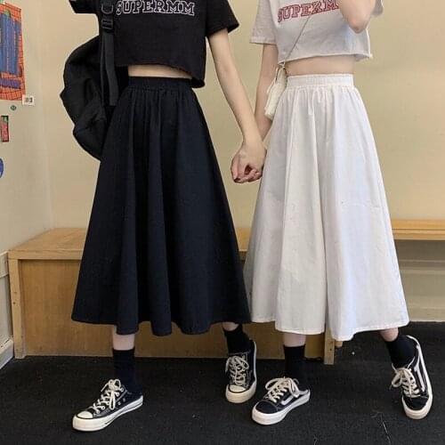 Korean Fashion Midi Skirts for Women Summer and Spring Solid Loose High Waist Elastic A-line Long Skirts Casual BF Streetwear
