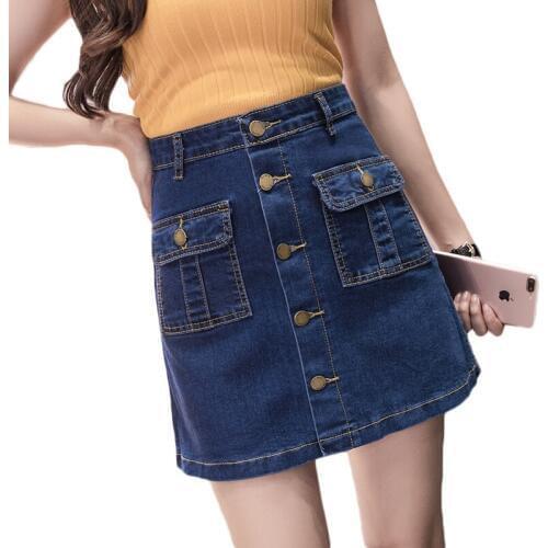 Denim Skirt High Waist A-line Mini Skirts Women 2019 Summer Arrivals Single Button Pockets Blue Jean Skirt Style Saia Jeans R472