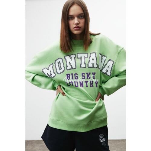 Women Sweatshirts Green Front Printed Sweatshirts Long Sleeve Oversize Pullovers Fashion 2021 Season 100% Cotton Made in Turkey