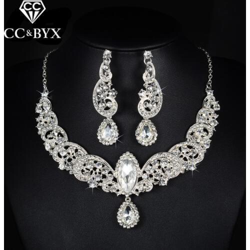 Water drop austrian crystal with shine zirconia necklace earring sets for women bridals wedding party fashion jewelry D021
