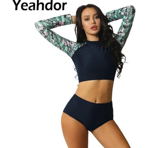 Women Two Piece Swimwear Bathing Suit Floral Print Long Sleeve Rash Guard Crop Top with Ruched Triangle Tankini Set Swimsuit