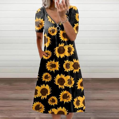 Women Summer Dress Casual V-Neck Short Sleeve Zipper Pocket Butterfly Floral Printing Loose Dresses платье летнее женское g4