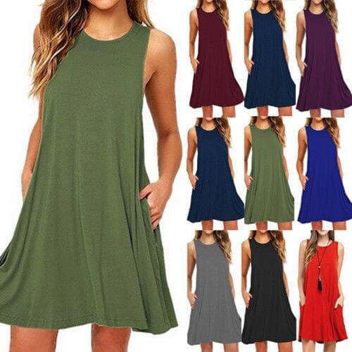 Summer Hot Selling Women Sleeveless with Pockets Casual Dress Loose Dress Large Size L XL XXL