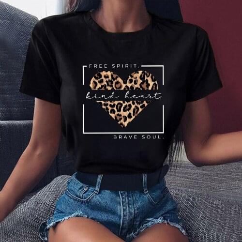 ZOGANKI T-shirts Women Leopard Heart Casual 90s Fashion Trend Printed Black Clothes Graphic Tshirt Lady Print Female Tee